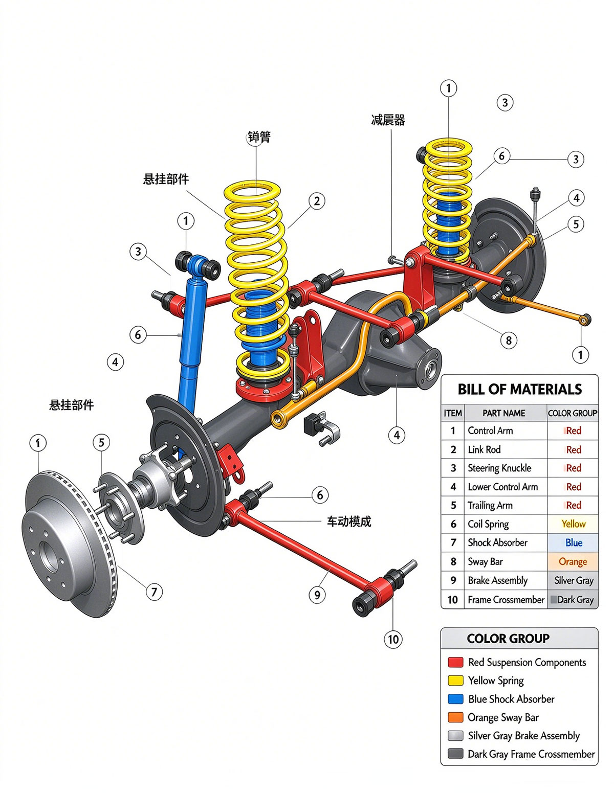 Black and white engineering line drawing of vehicle rear solid axle suspension assembly, with numbered callouts for each component and a BOM (Bill of Materials) table. The diagram shows coil springs, shock absorbers, sway bar, axle housing, brake rotor, control arms and wheel hub, technical illustration for mechanical documentation.