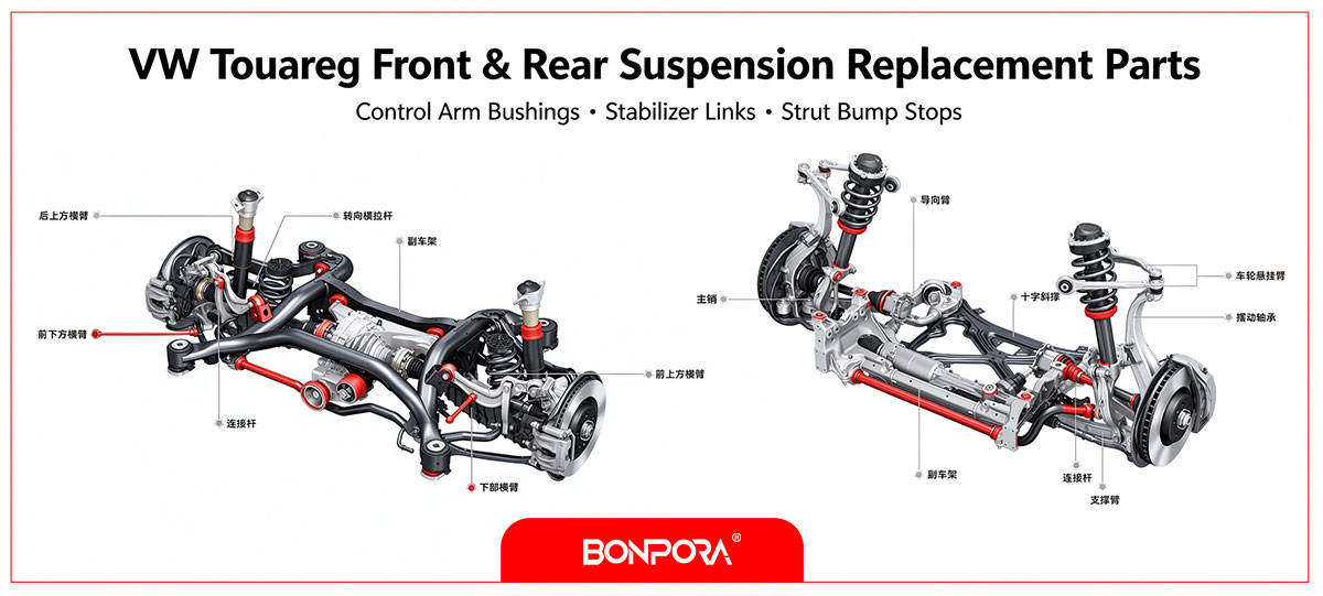 VW Touareg Front & Rear Suspension Replacement Parts | Bonpora Control Arm Bushings, Stabilizer Links, Strut Bump Stops
