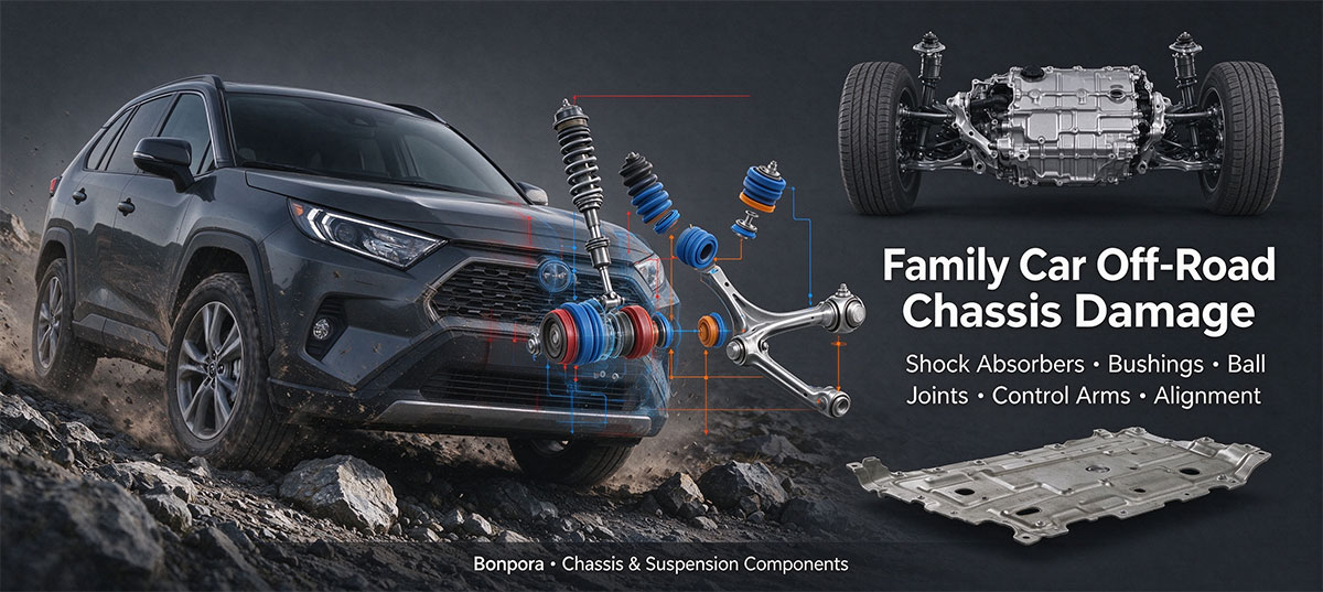 Family car off-road chassis and suspension damage, shock absorber leakage, control arm, ball joint, four wheel alignment