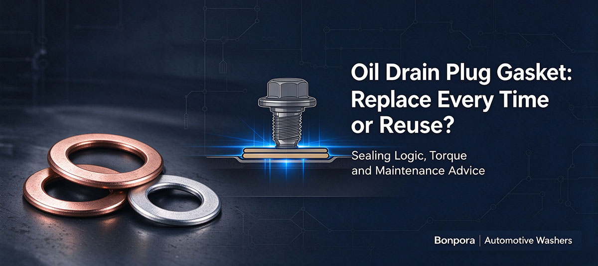 Oil drain plug gasket replacement guide, copper aluminum washer and engine oil sump sealing