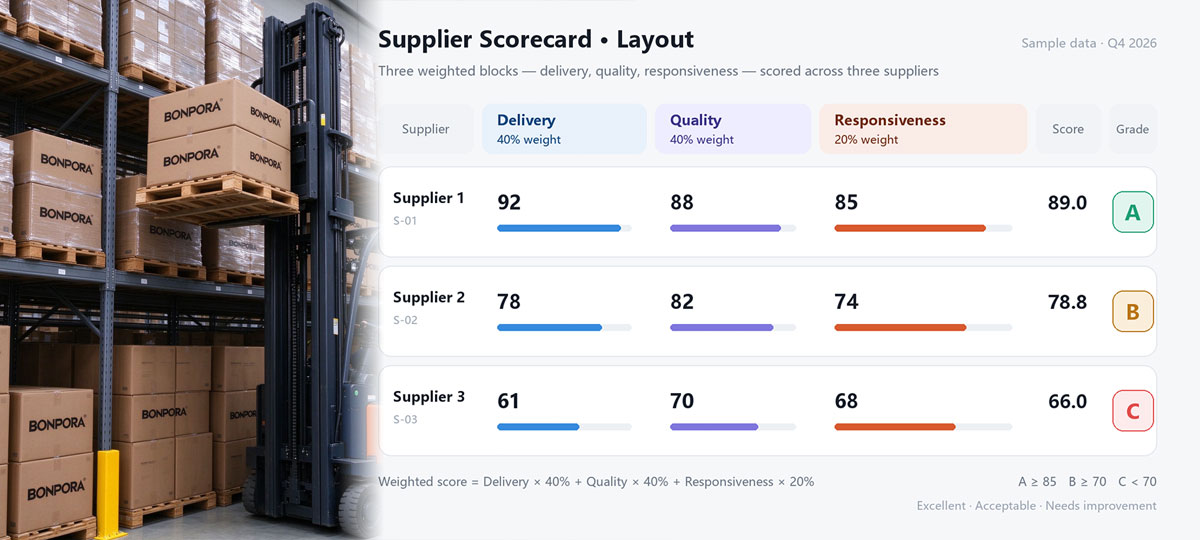 Illustrative supplier scorecard layout showing three weighted blocks for delivery, quality and response, with three suppliers scored A, B and C