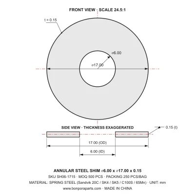 Shims 17.00x0.15x6.00 (min order qty 500)