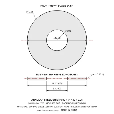 Shims 17.00x0.25x6.00 (min order qty 500)