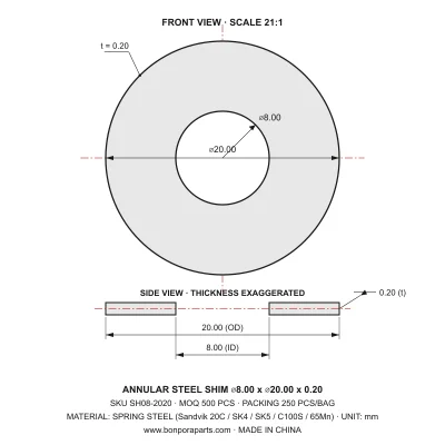 Shims 20.00x0.20x8.00 (min order qty 500)