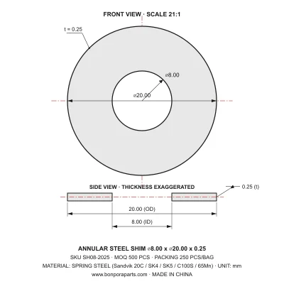Shims 20.00x0.25x8.00 (min order qty 500)