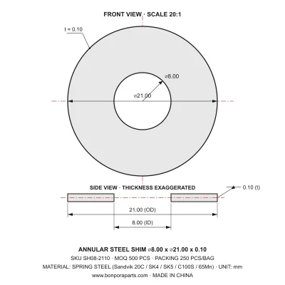 Shims 21.00x0.10x8.00 (min order qty 500)