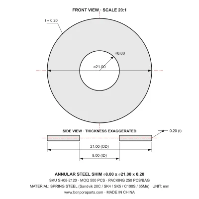 Shims 21.00x0.20x8.00 (min order qty 500)