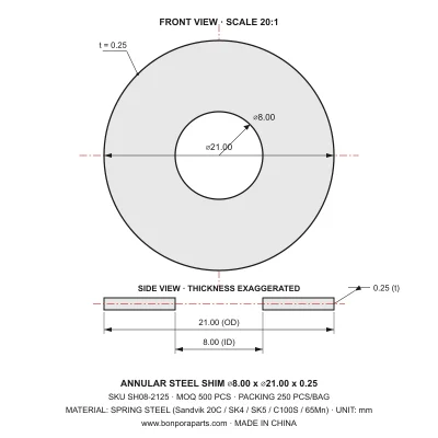Shims 21.00x0.25x8.00 (min order qty 500)