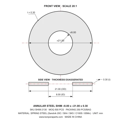 Shims 21.00x0.30x8.00 (min order qty 500)