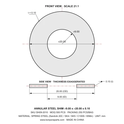 Shims 20.00x0.10x9.00 (min order qty 500)