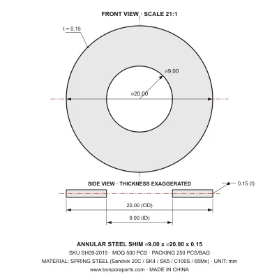 Shims 20.00x0.15x9.00 (min order qty 500)
