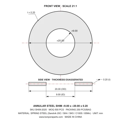 Shims 20.00x0.20x9.00 (min order qty 500)