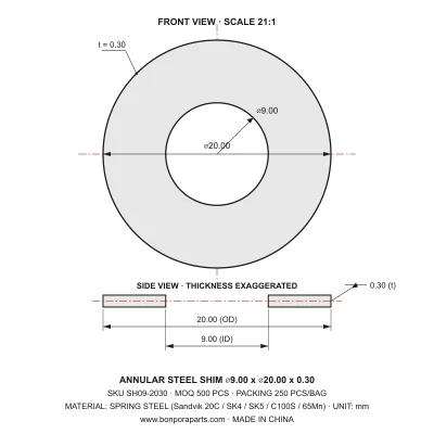 Shims 20.00x0.30x9.00 (min order qty 500)
