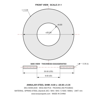 Shims 20.00x0.35x9.00 (min order qty 500)