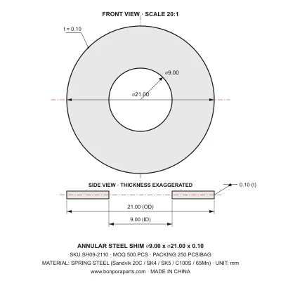 Shims 21.00x0.10x9.00 (min order qty 500)