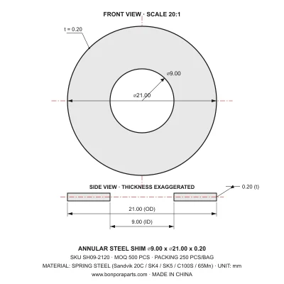 Shims 21.00x0.20x9.00 (min order qty 500)