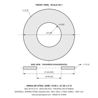 Shims 21.00x0.15x10.00 (min order qty 500)
