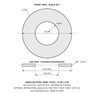 Shims 21.00x0.20x10.00 (min order qty 500)