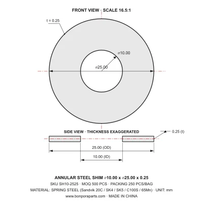 Shims 25.00x0.25x10.00 (min order qty 500)