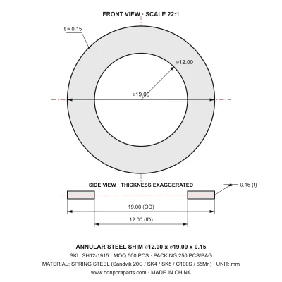 Shims 19.00x0.15x12.00 (min order qty 500)