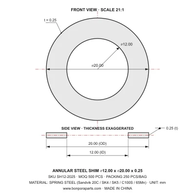 Shims 20.00x0.25x12.00 (min order qty 500)