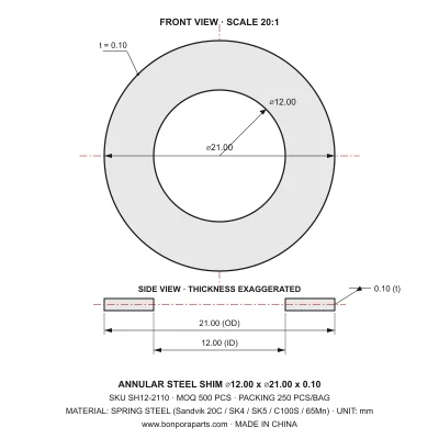 Shims 21.00x0.10x12.00 (min order qty 500)
