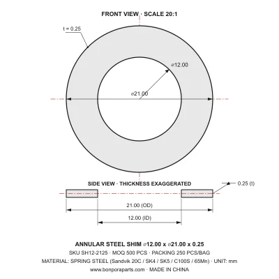 Shims 21.00x0.25x12.00 (min order qty 500)