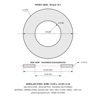 Shims 23.00x0.30x12.00 (min order qty 500)