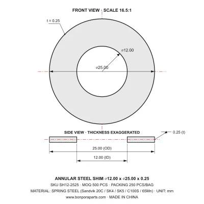 Shims 25.00x0.25x12.00 (min order qty 500)