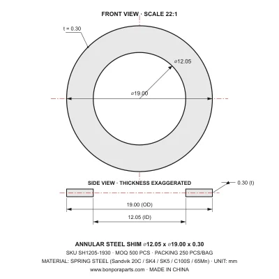 Shims 19.00x0.30x12.05 (min order qty 500)