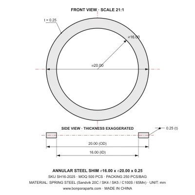 Shims 20.00x0.25x16.00 (min order qty 500)