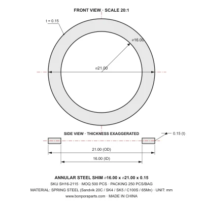 Shims 21.00x0.15x16.00 (min order qty 500)