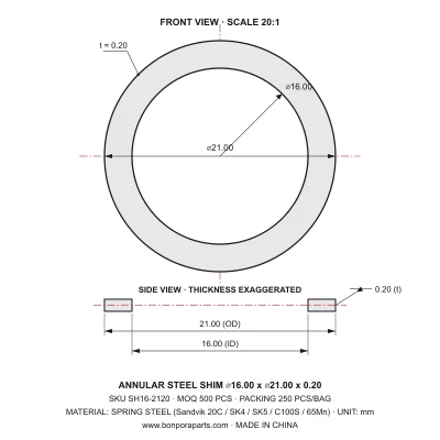 Shims 21.00x0.20x16.00 (min order qty 500)