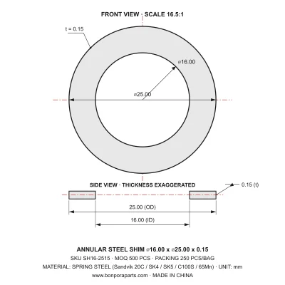 Shims 25.00x0.15x16.00 (min order qty 500)